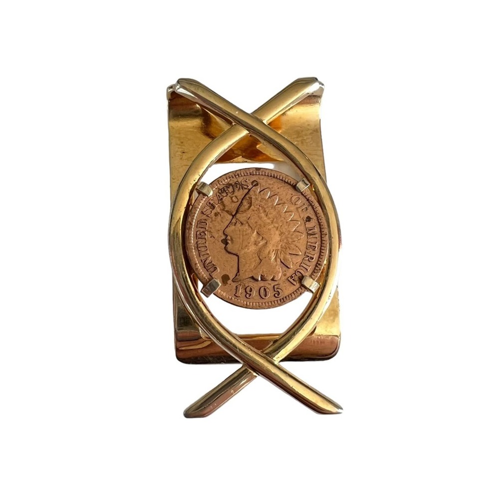 Vintage 1905 Indian Head Penny Swank Money Clip Goldtone Coin Wallet